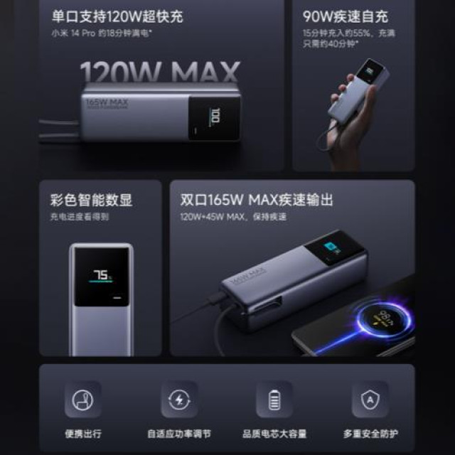 小米自帶線10000毫安 l 165W雙向快充便攜移動電源