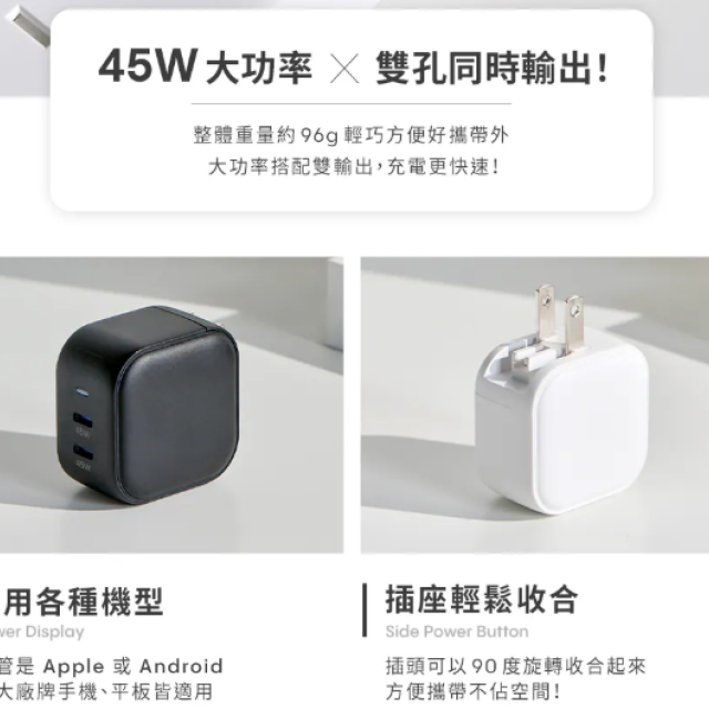 萌趣托腮系列 GaN 45W 雙孔 Type-C 快充頭 (台灣製/可折疊/支援PPS)