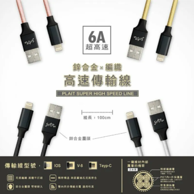 STAR 6A高速傳輸 鋅合金編織充電線 (Lightning / Type-C) 1M - 抗拉扯不生鏽